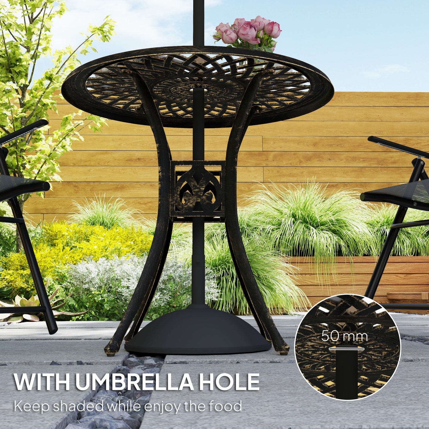 Outsunny 78 cm Round Garden Dining Table with Parasol Hole Antique Cast Aluminium Outdoor Table Only, Bronze Tone