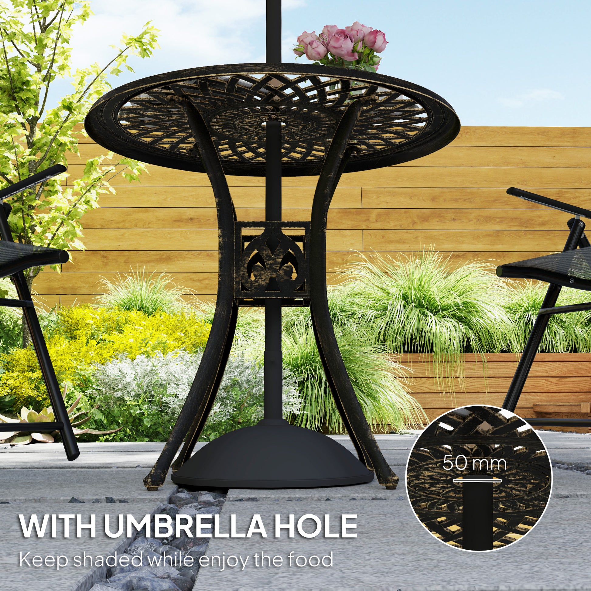 Outsunny 78 cm Round Garden Dining Table with Parasol Hole Antique Cast Aluminium Outdoor Table Only, Bronze Tone