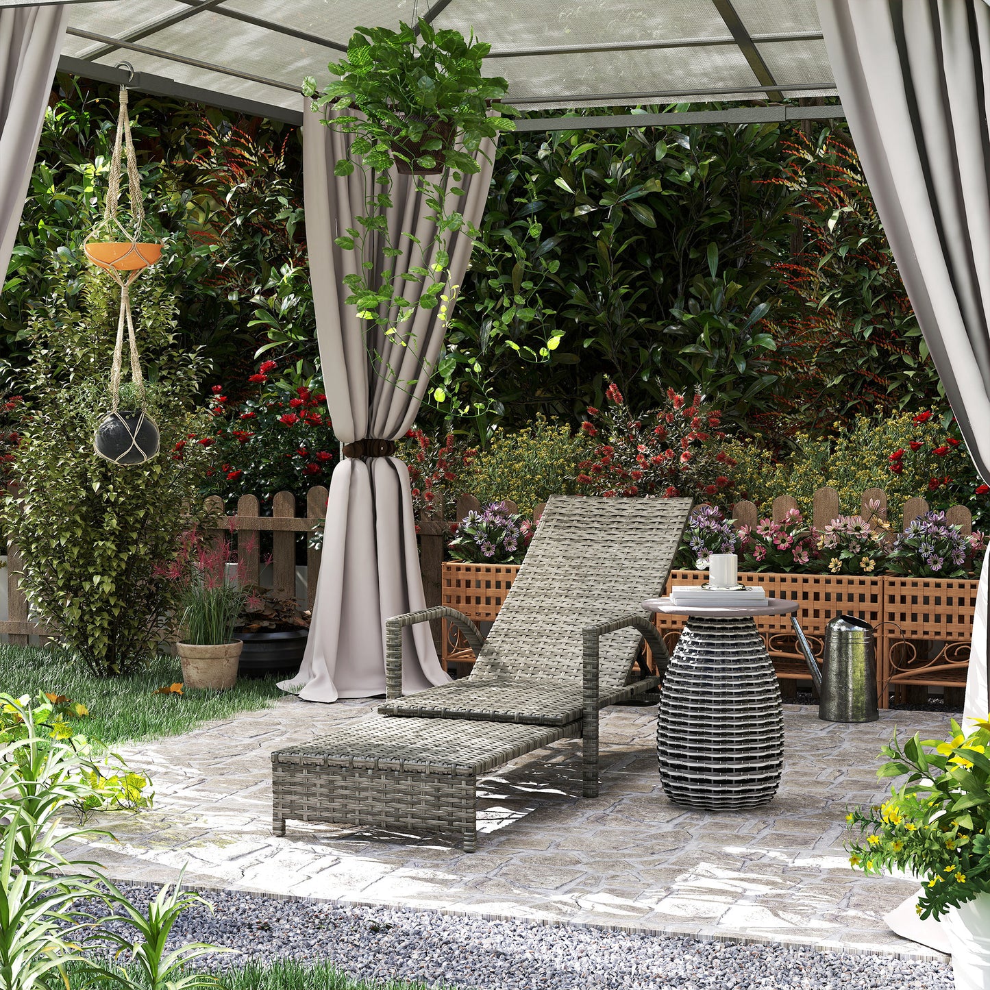 Outsunny Reclining Rattan Lounger, with Extending Footrest - Grey