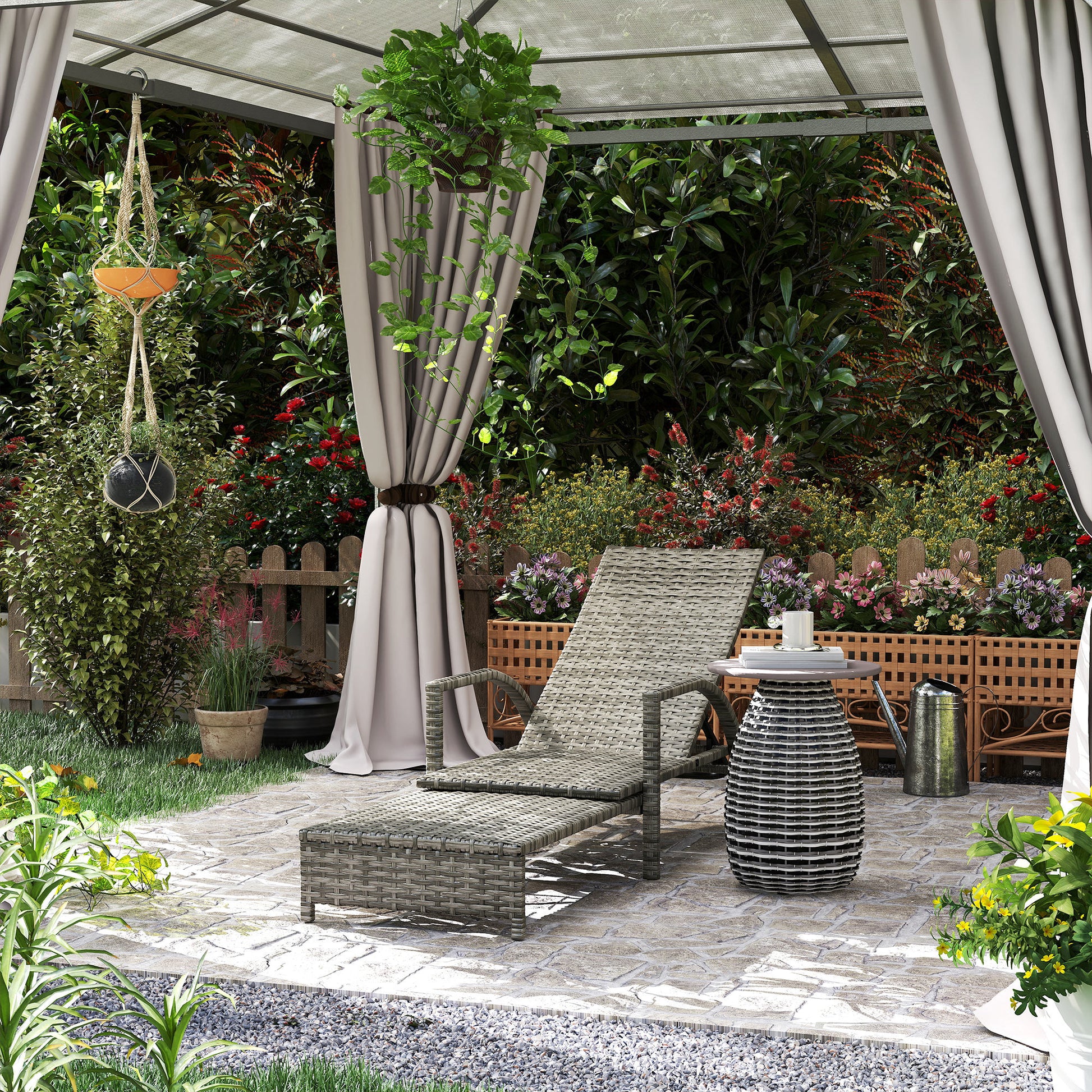 Outsunny Reclining Rattan Lounger, with Extending Footrest - Grey