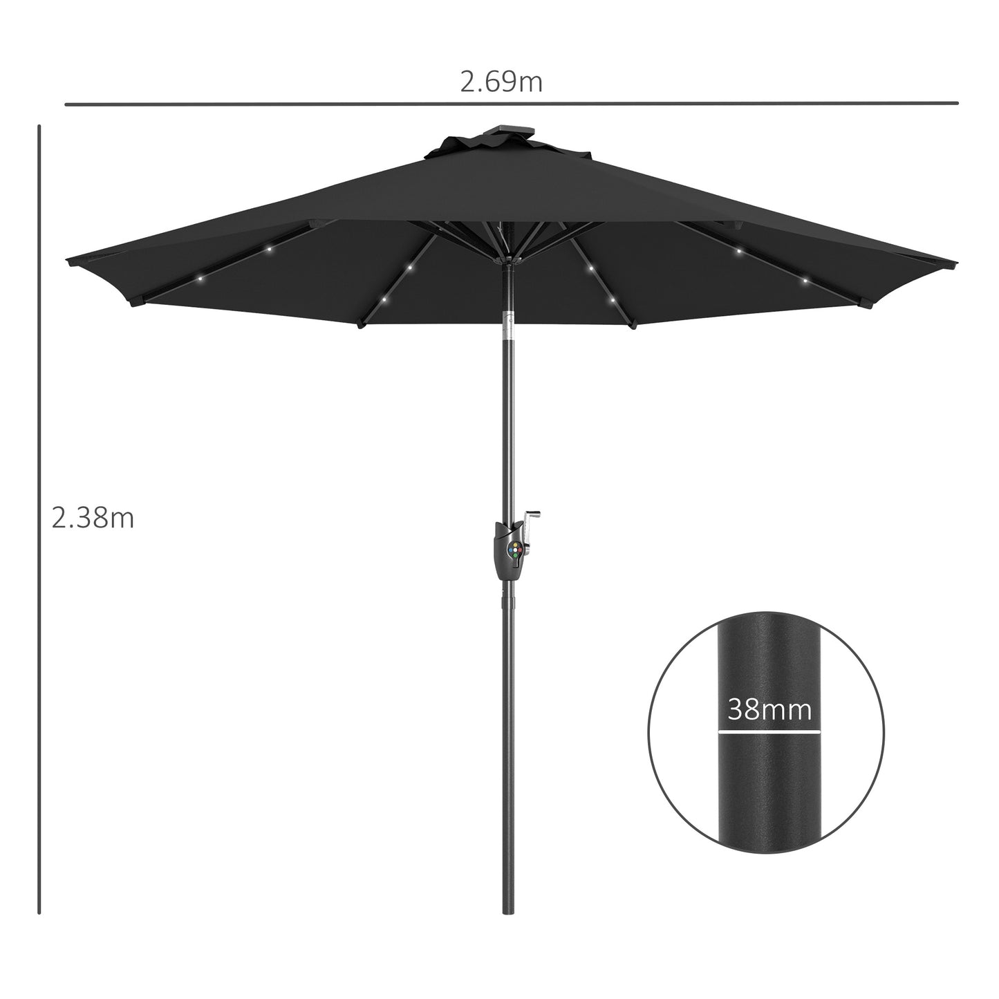 Outsunny ?2.7m Garden Parasol Solar Outdoor Tilt Sun Umbrella Patio Sun Shade w/ 24 LED Light, Hand Crank and 8 Ribs, Black