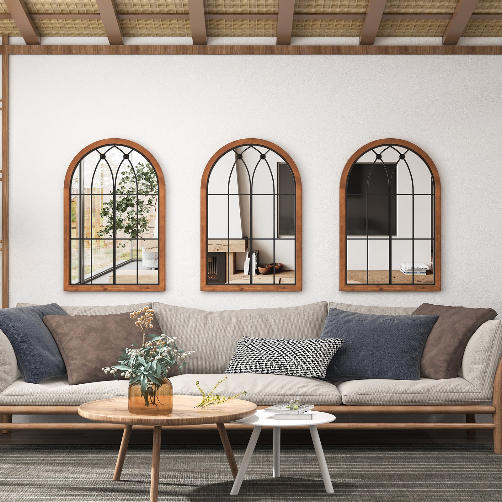 Arched Window Finished Wall Mounted Mirror with Back Board-Natural