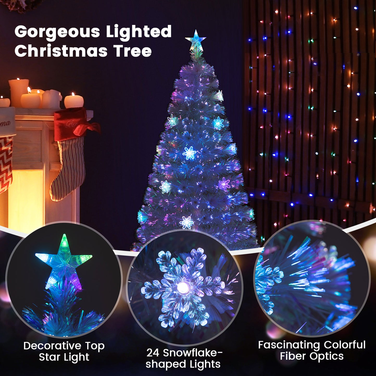 Pre-lit Artificial Fiber Optic Christmas Tree with Iridescent Leaves-5FT