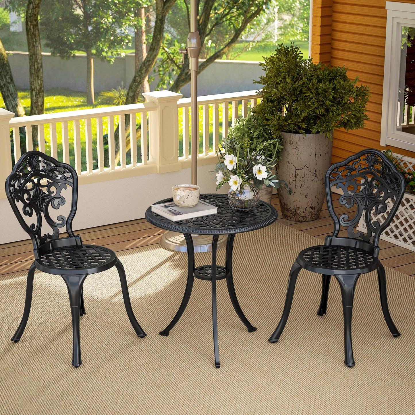 Outsunny Three-Piece Aluminium Floral Bistro Set - Black