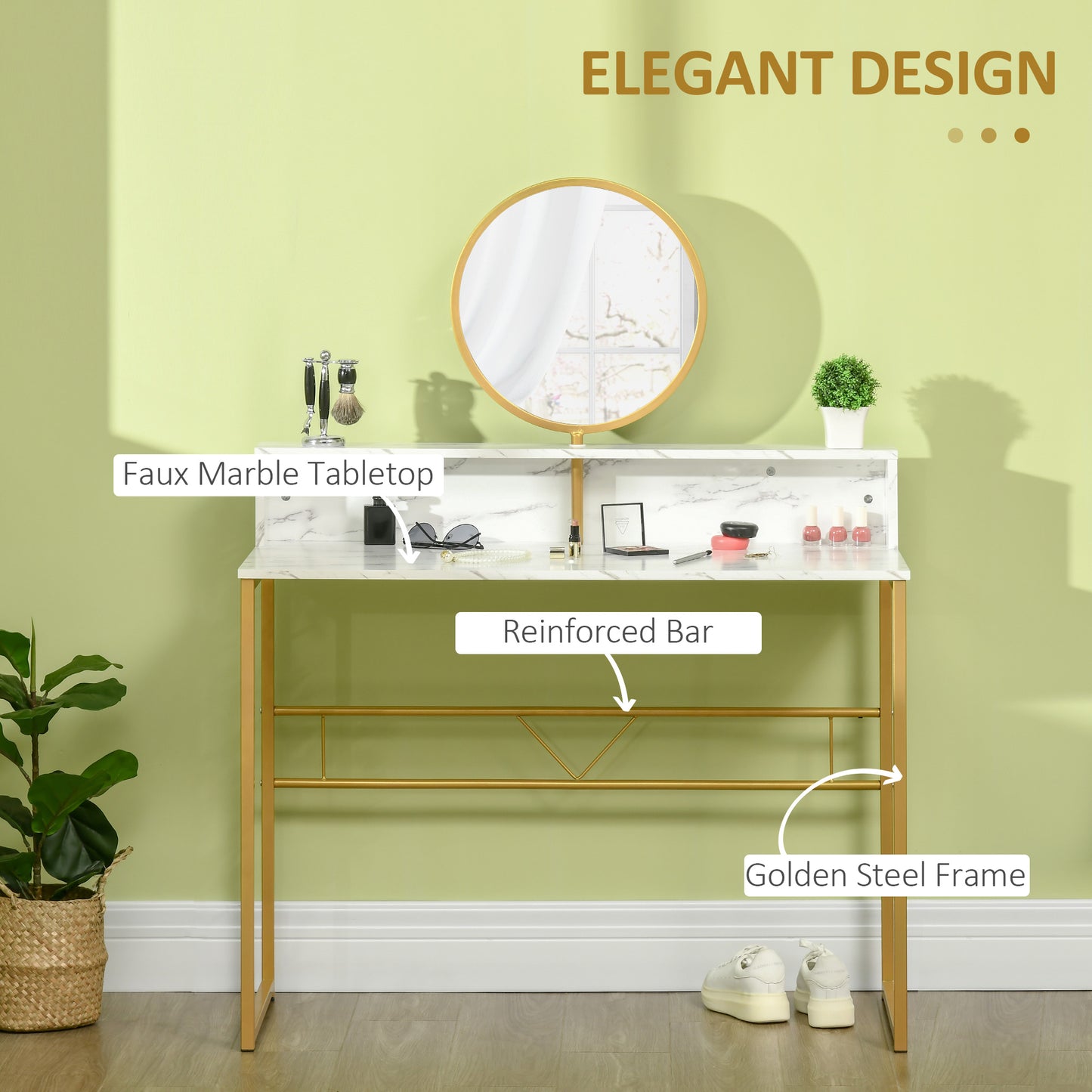 HOMCOM Modern Dressing Table with Round Mirror, Vanity Makeup Desk with Open Storage, Faux Marble Texture and Steel Frame for Bedroom, White