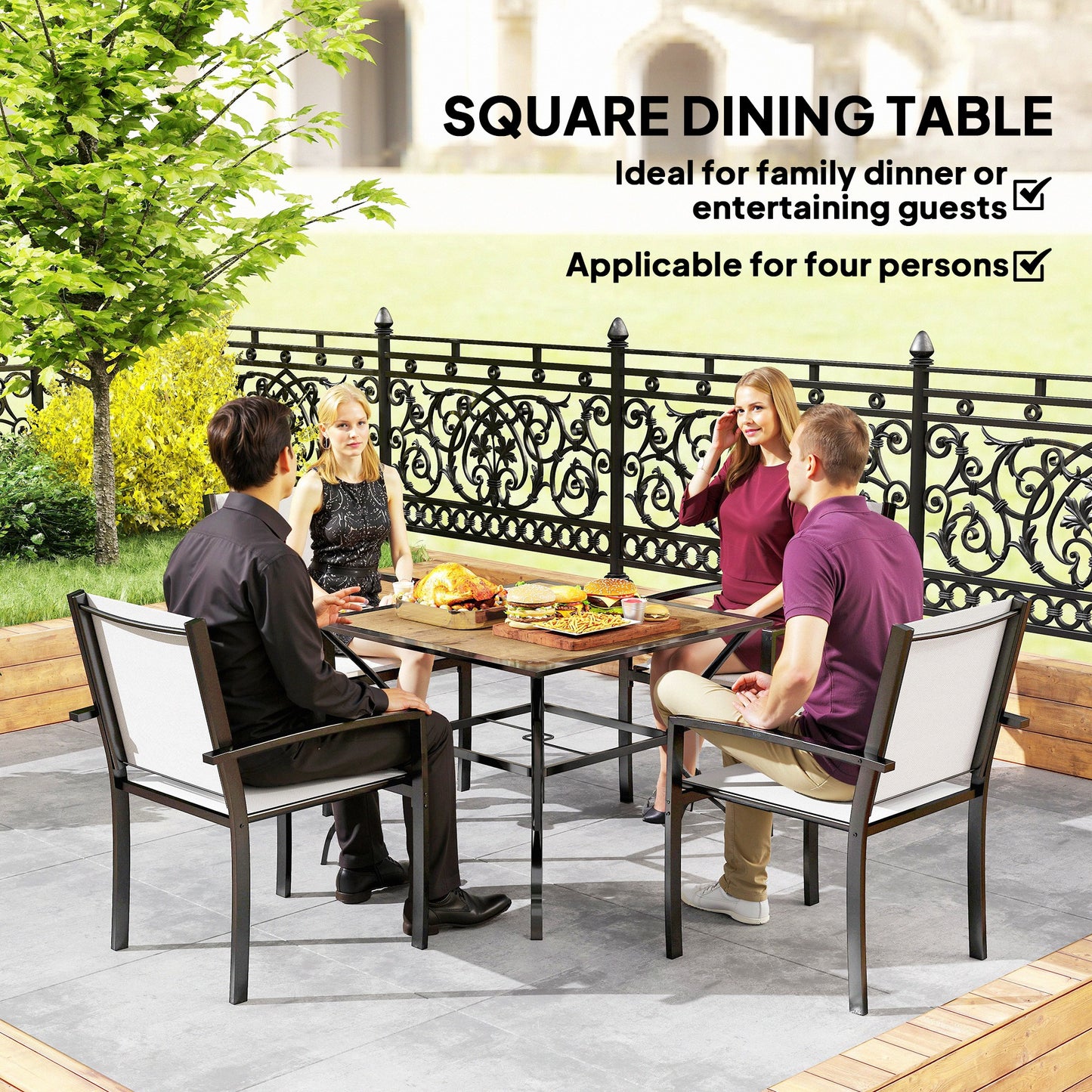 Outsunny Outdoor Garden Table Dining Table for 4 with Parasol Hole, Stone-Grain Effect PC Board Top for Patio, Garden, Brown