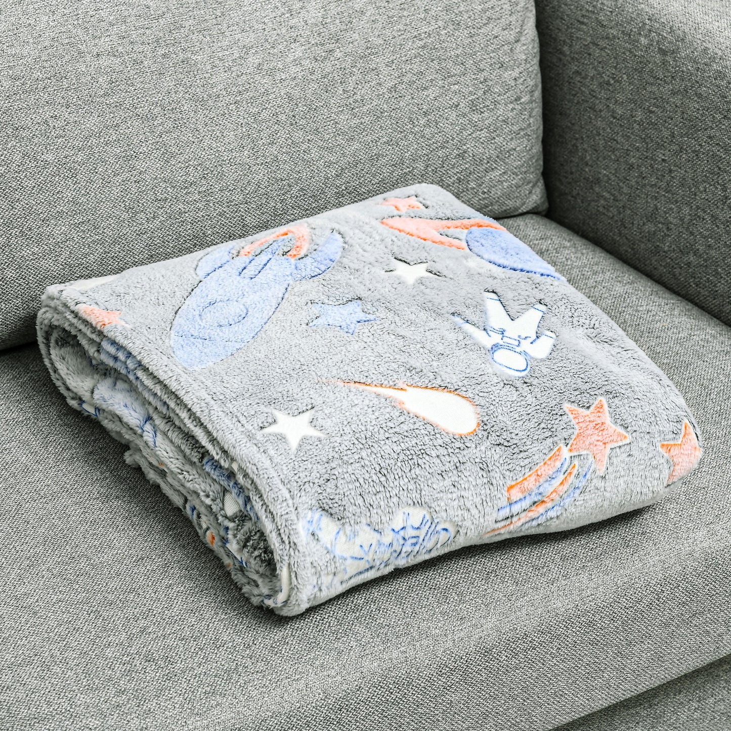 HOMCOM Glow in The Dark Flannel Fleece Throw Blanket, Fluffy Warm Throw Blanket, Kids Galaxy Stars Luminous Blanket, 203x153cm, Grey