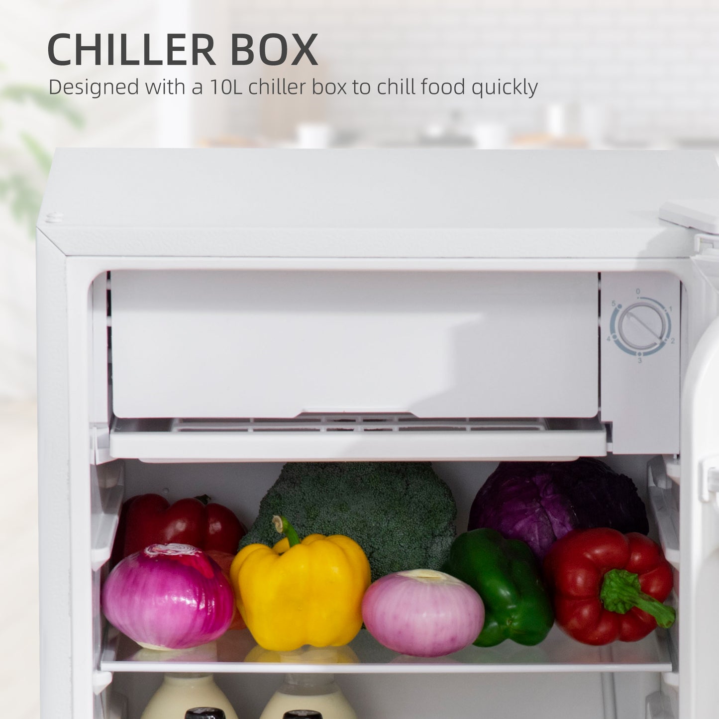 HOMCOM 91 Litre Freestanding Under Counter Fridge with Chiller Box, Reversible Door, Adjustable Thermostat 47.5cm Wide Noise Level: Decibels 40 White