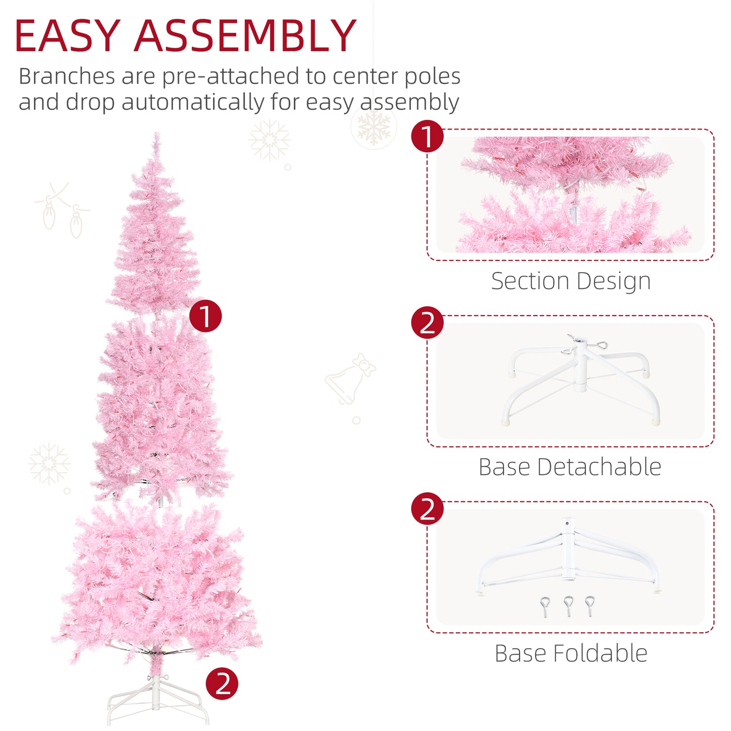 HOMCOM 6' Tall Prelit Pencil Slim Artificial Christmas Tree with Realistic Branches, 300 Warm White LED Lights and 618 Tips, Xmas Decoration, Pink