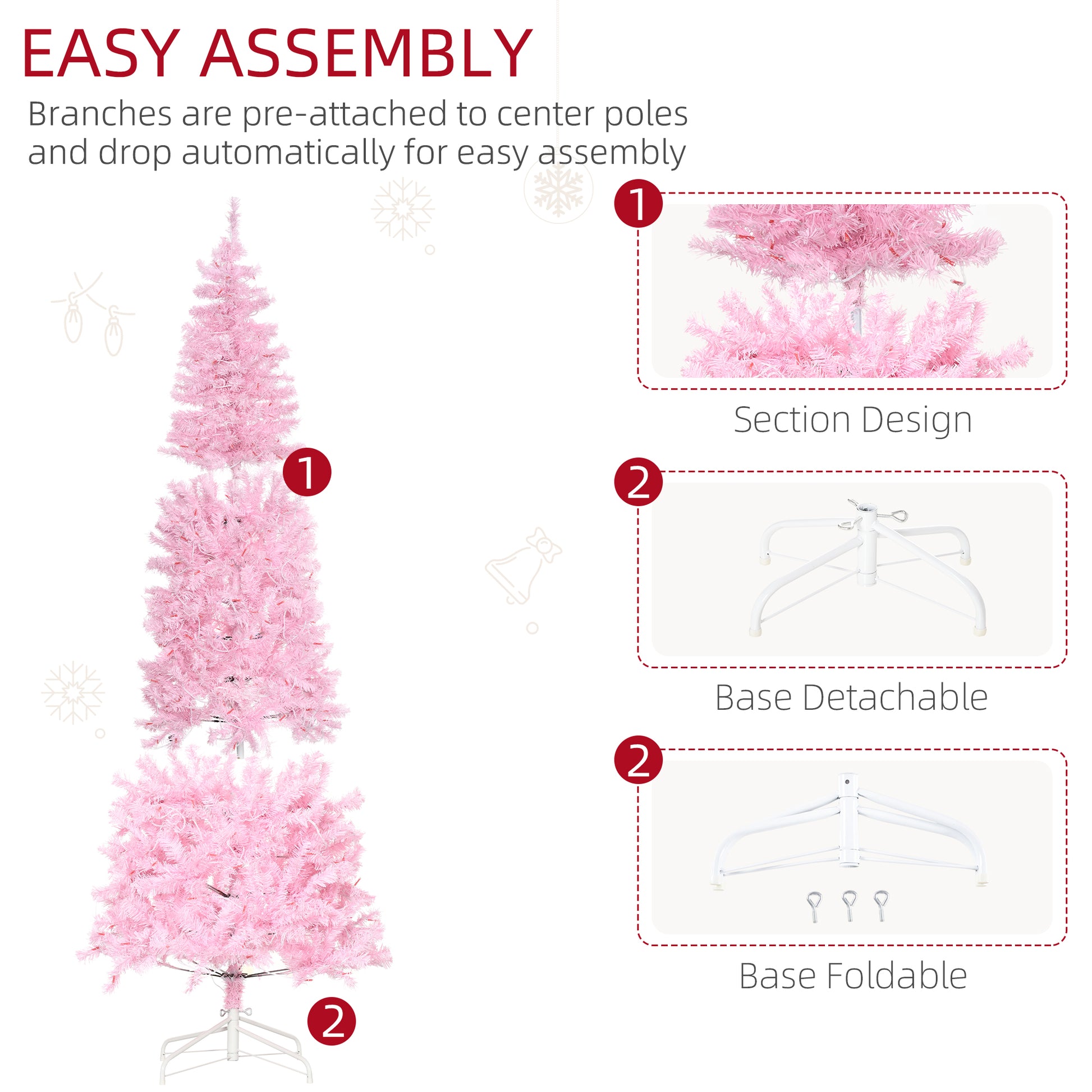 HOMCOM 6' Tall Prelit Pencil Slim Artificial Christmas Tree with Realistic Branches, 300 Warm White LED Lights and 618 Tips, Xmas Decoration, Pink