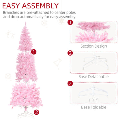 HOMCOM 6' Tall Prelit Pencil Slim Artificial Christmas Tree with Realistic Branches, 300 Warm White LED Lights and 618 Tips, Xmas Decoration, Pink