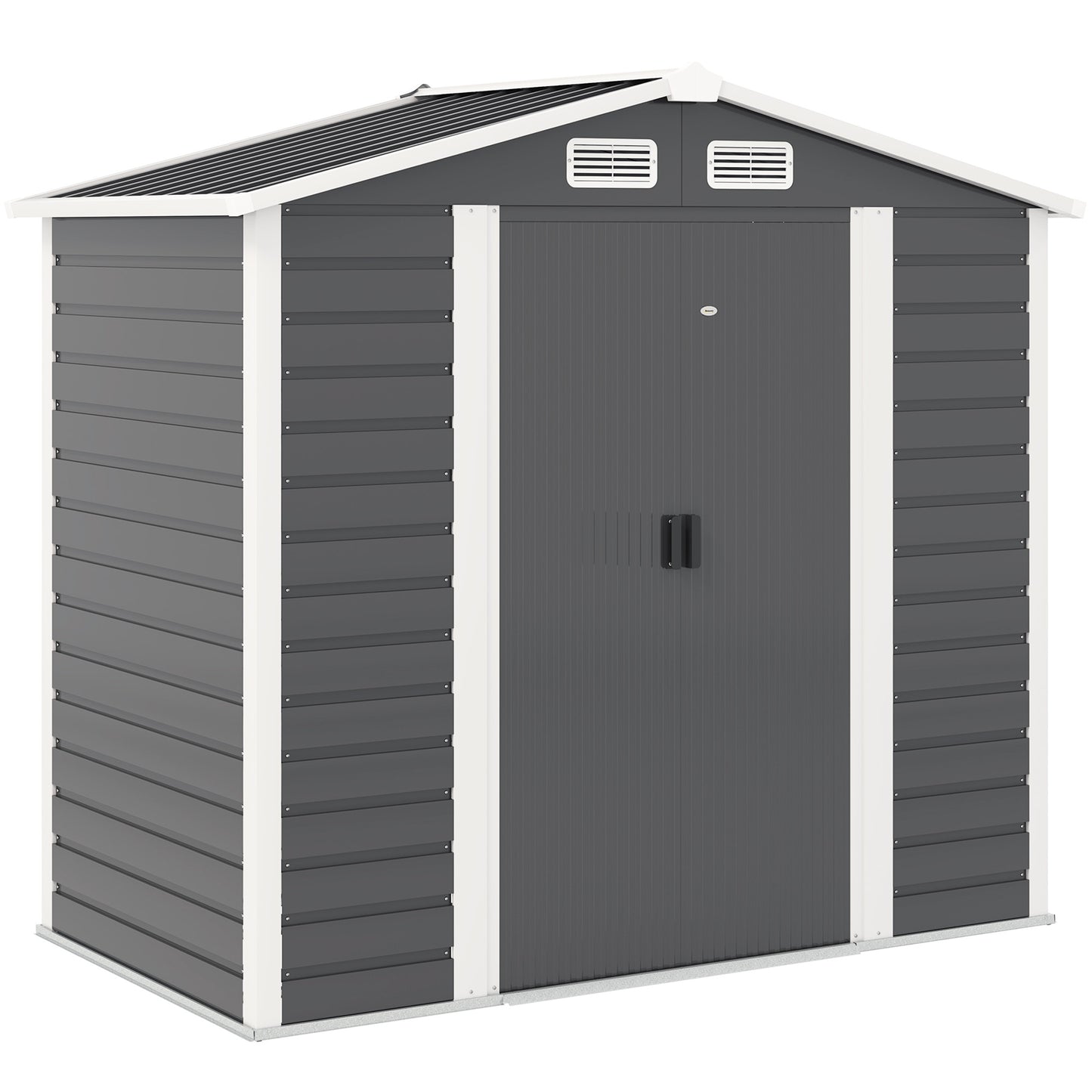 Outsunny 7 x 4ft Garden Shed, Easy to Assemble, Upgraded Galvanised Steel Frame with Foundation Kit, Double Doors with Lock, Outdoor Metal Shed with Vents and Gloves, Garden Storage Shed, Dark Grey