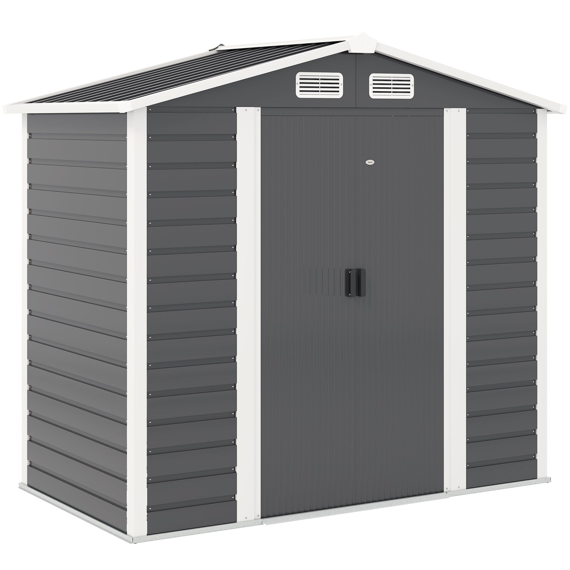 Outsunny 7 x 4ft Garden Shed, Easy to Assemble, Upgraded Galvanised Steel Frame with Foundation Kit, Double Doors with Lock, Outdoor Metal Shed with Vents and Gloves, Garden Storage Shed, Dark Grey