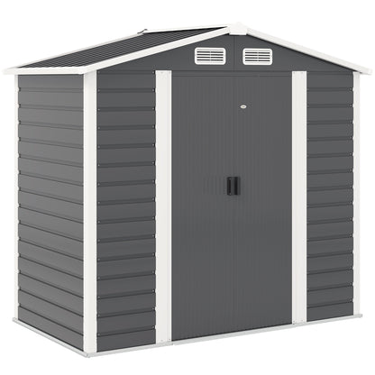 Outsunny 7 x 4ft Garden Shed, Easy to Assemble, Upgraded Galvanised Steel Frame with Foundation Kit, Double Doors with Lock, Outdoor Metal Shed with Vents and Gloves, Garden Storage Shed, Dark Grey