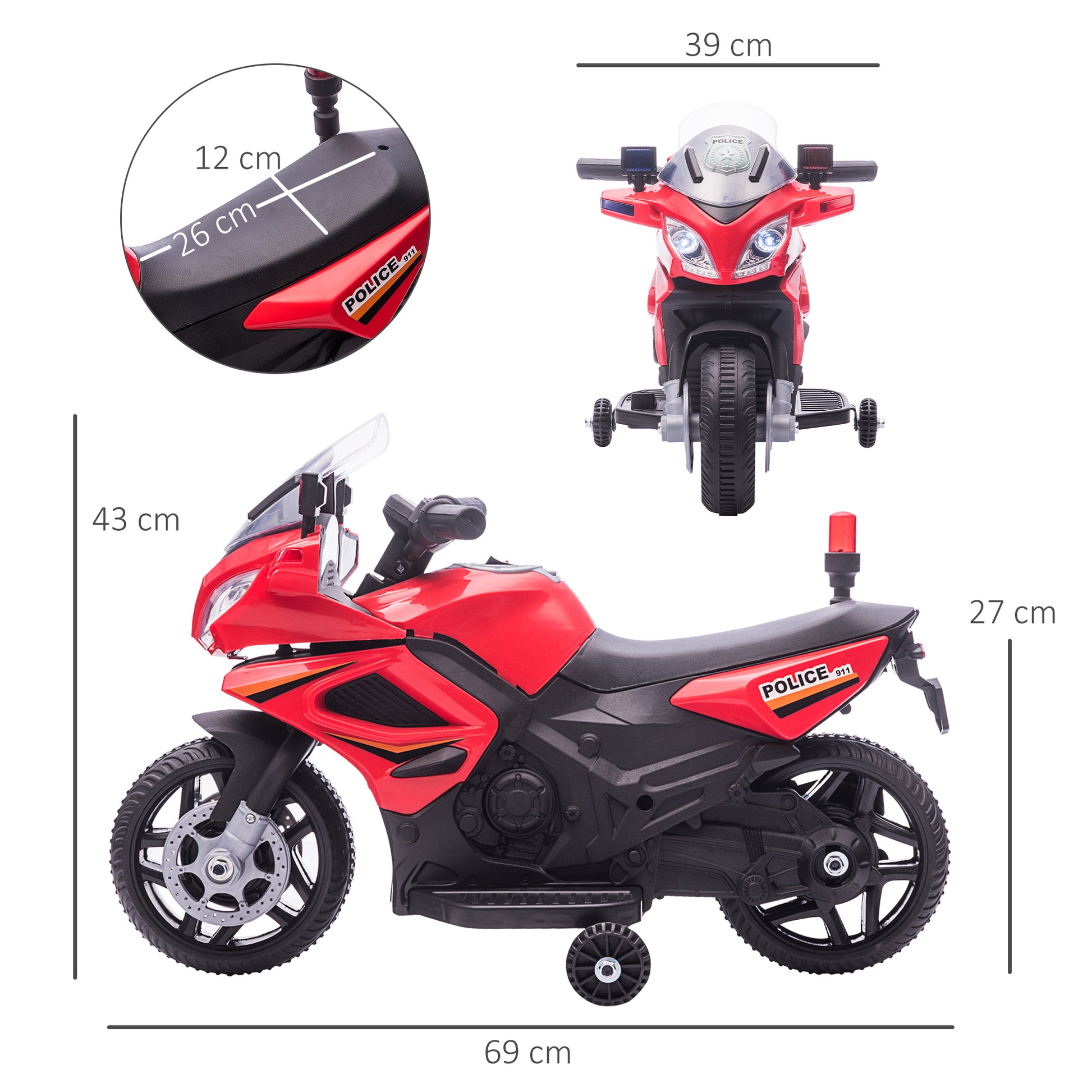 HOMCOM Kids 6V Electric Ride On Motorcycle Police Car Vehicle w/ Lights Horn Realistic Sound Outdoor Play Toy for 18 - 36 months Red