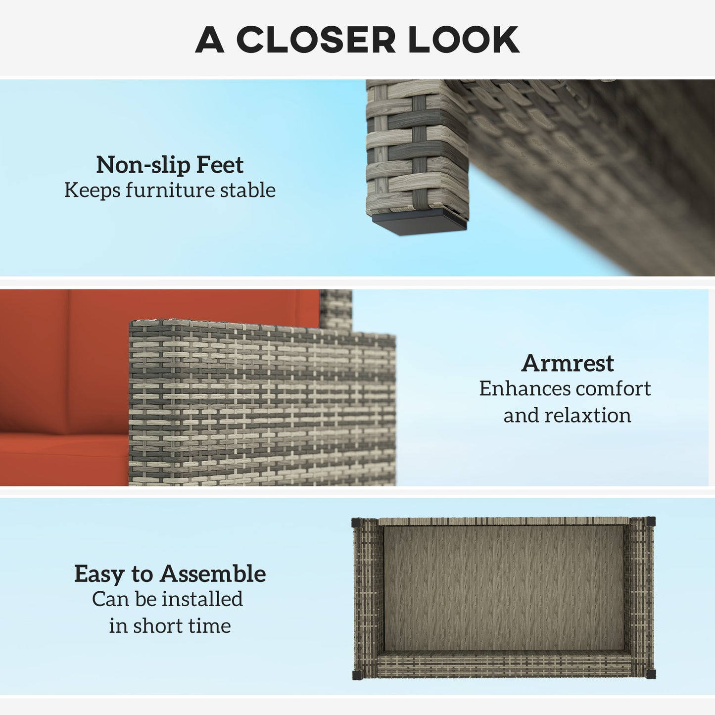 Outsunny Rattan Sofa, 2 Seater Garden Furniture with Soft Padded Cushion and Armrests, Wicker Garden Loveseat for Patio, Grey