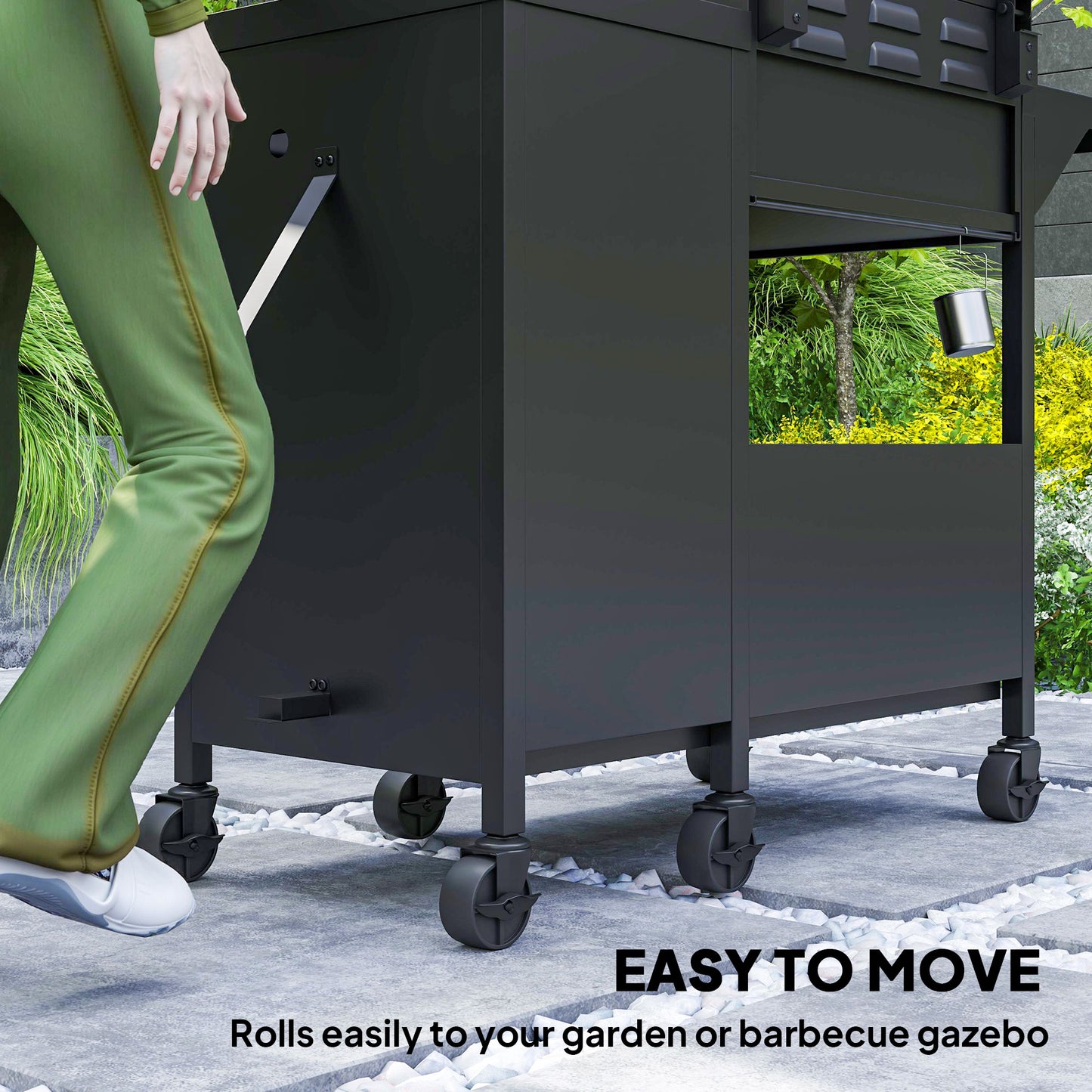 Outsunny 3+1 Burner Gas BBQ Grill with Storage Cabinet and Shelves, 9.5 kW Gas Barbecue Trolley with 6 Castor Wheels, Warming Rack, Thermometer for Outdoor Cooking Garden Party, Black