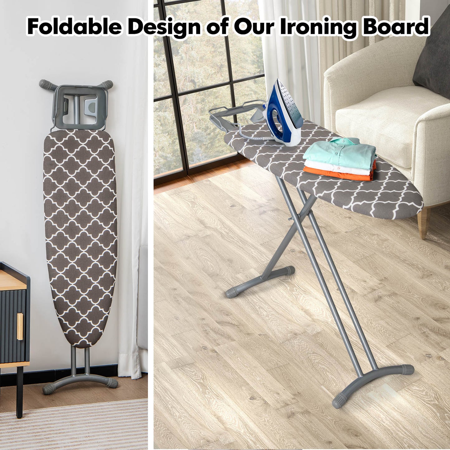 Foldable Ironing Board with Iron Rest Extra Cotton Cover-Grey