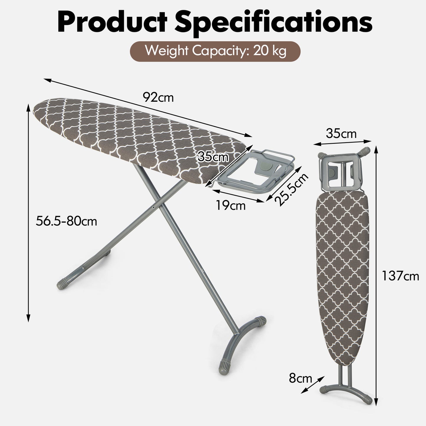 Foldable Ironing Board with Iron Rest Extra Cotton Cover-Grey