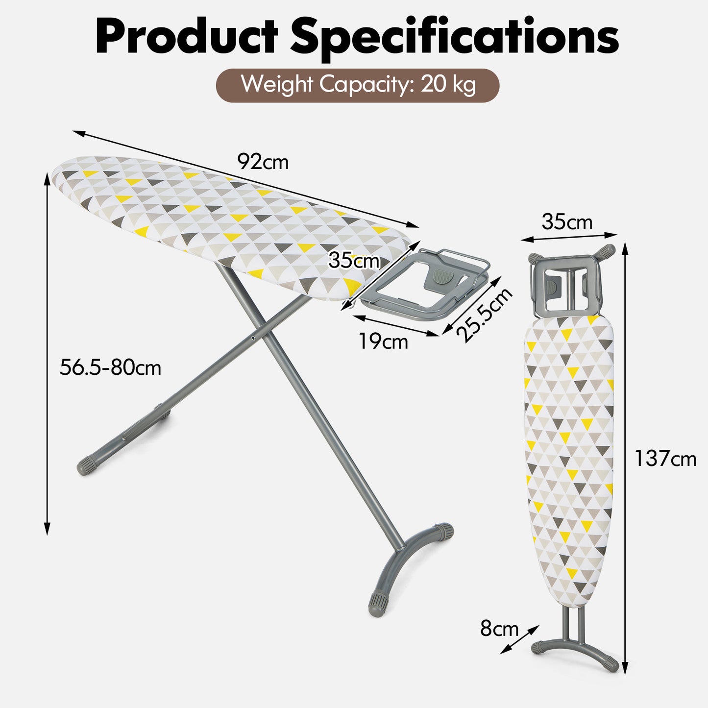 Foldable Ironing Board with Iron Rest Extra Cotton Cover-White