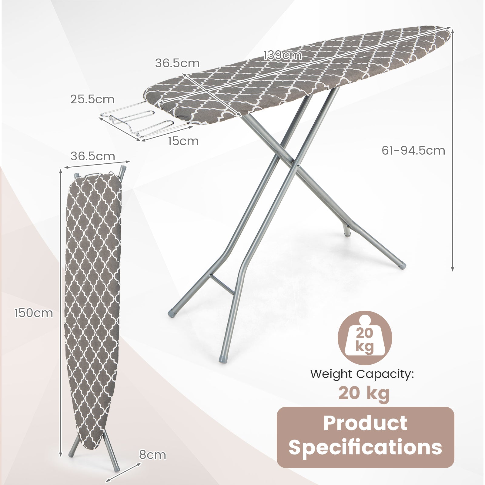 154 x 36cm Folding Ironing Board with Extra Cotton Cover-Grey