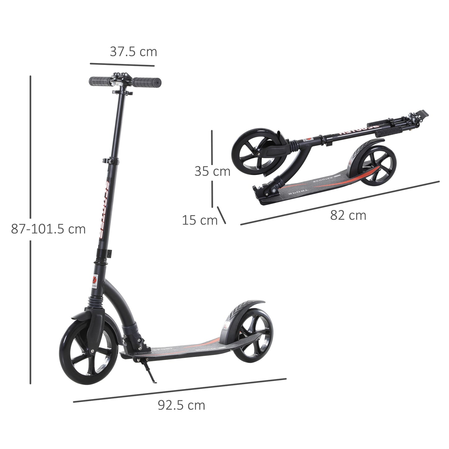 HOMCOM Teens Adult Kick Scooter w/ Shock Absorption Mechanism Foldable Adjustable Height Aluminium Frame Ride On Toy for 14+ - Black