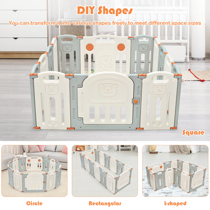 14-Panel Folding Baby Playpen with Lockable Gate and Non-Slip Bases-Beige