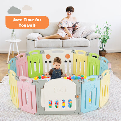 14-Panel Folding Baby Playpen with Lockable Gate and Non-Slip Bases-Colourful