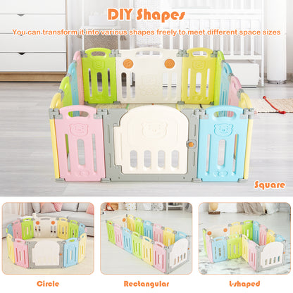 14-Panel Folding Baby Playpen with Lockable Gate and Non-Slip Bases-Colourful