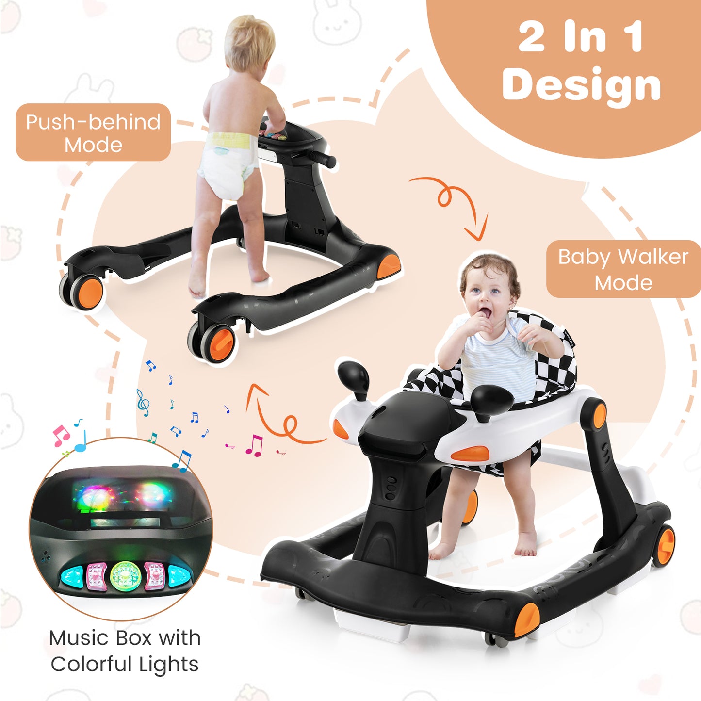 2-in-1 Foldable Baby Walker with Adjustable Height and Speed-Black &amp;amp; White