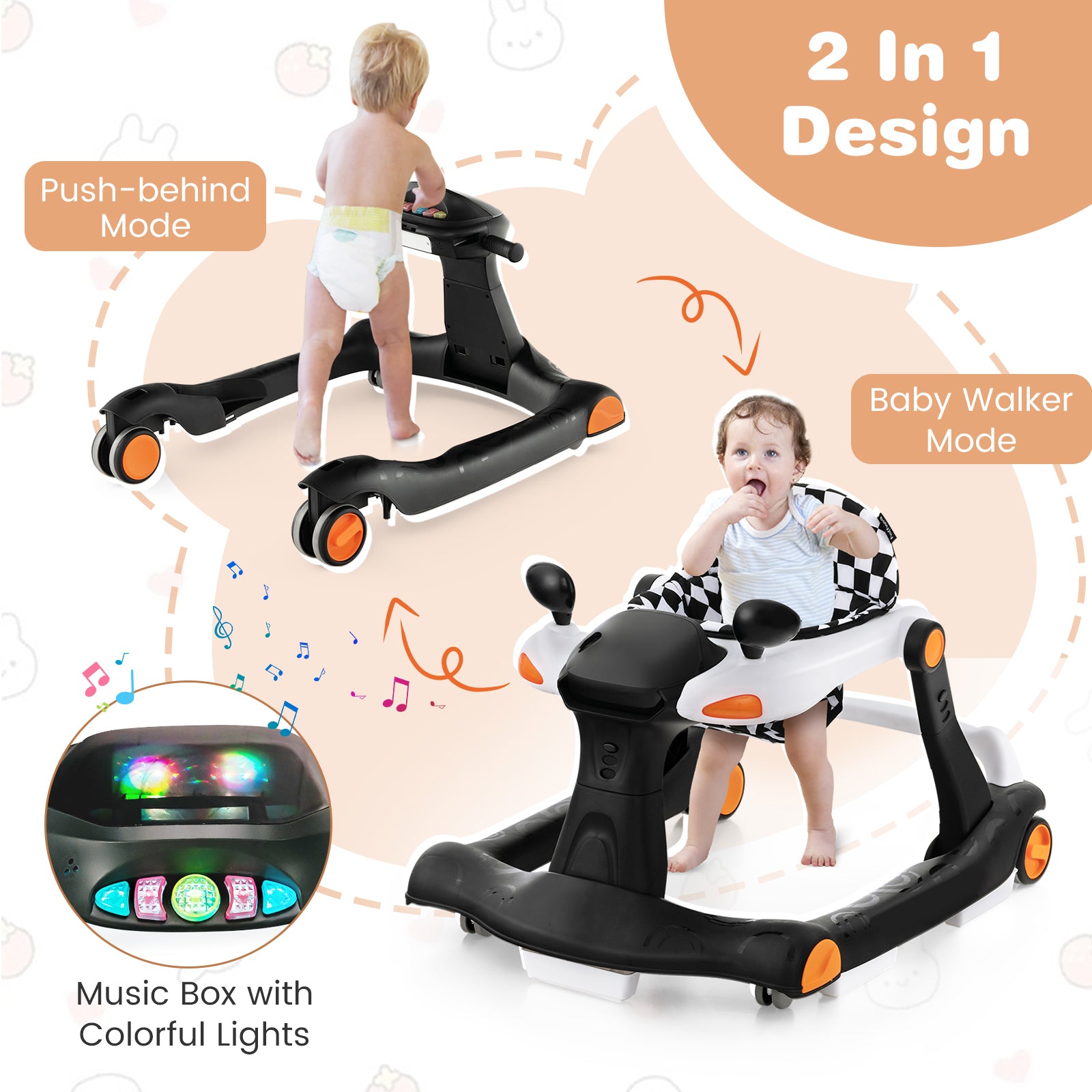 2-in-1 Foldable Baby Walker with Adjustable Height and Speed-Black &amp;amp; White
