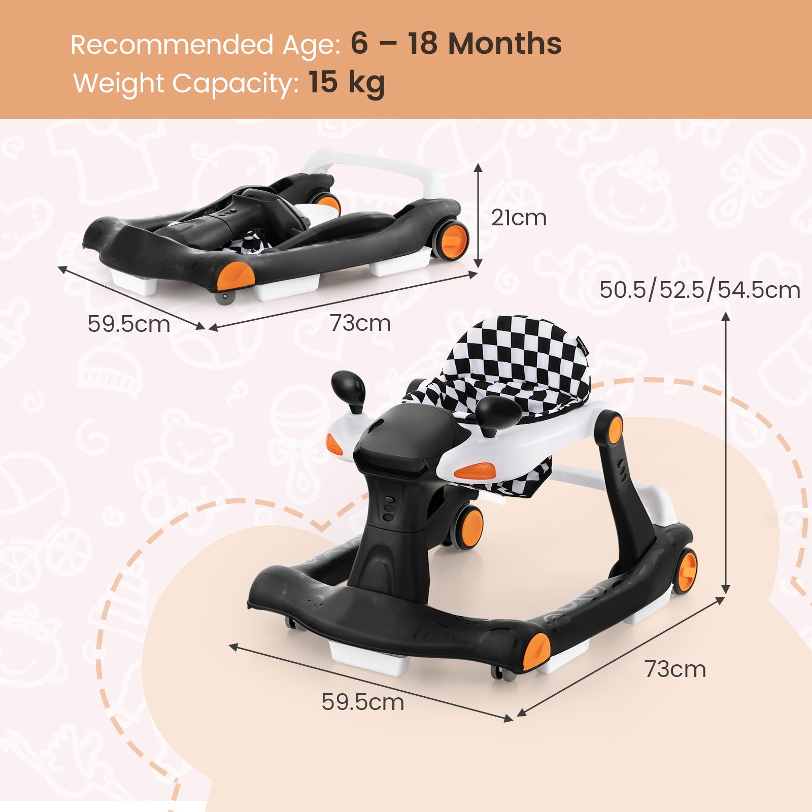 2-in-1 Foldable Baby Walker with Adjustable Height and Speed-Black &amp;amp; White