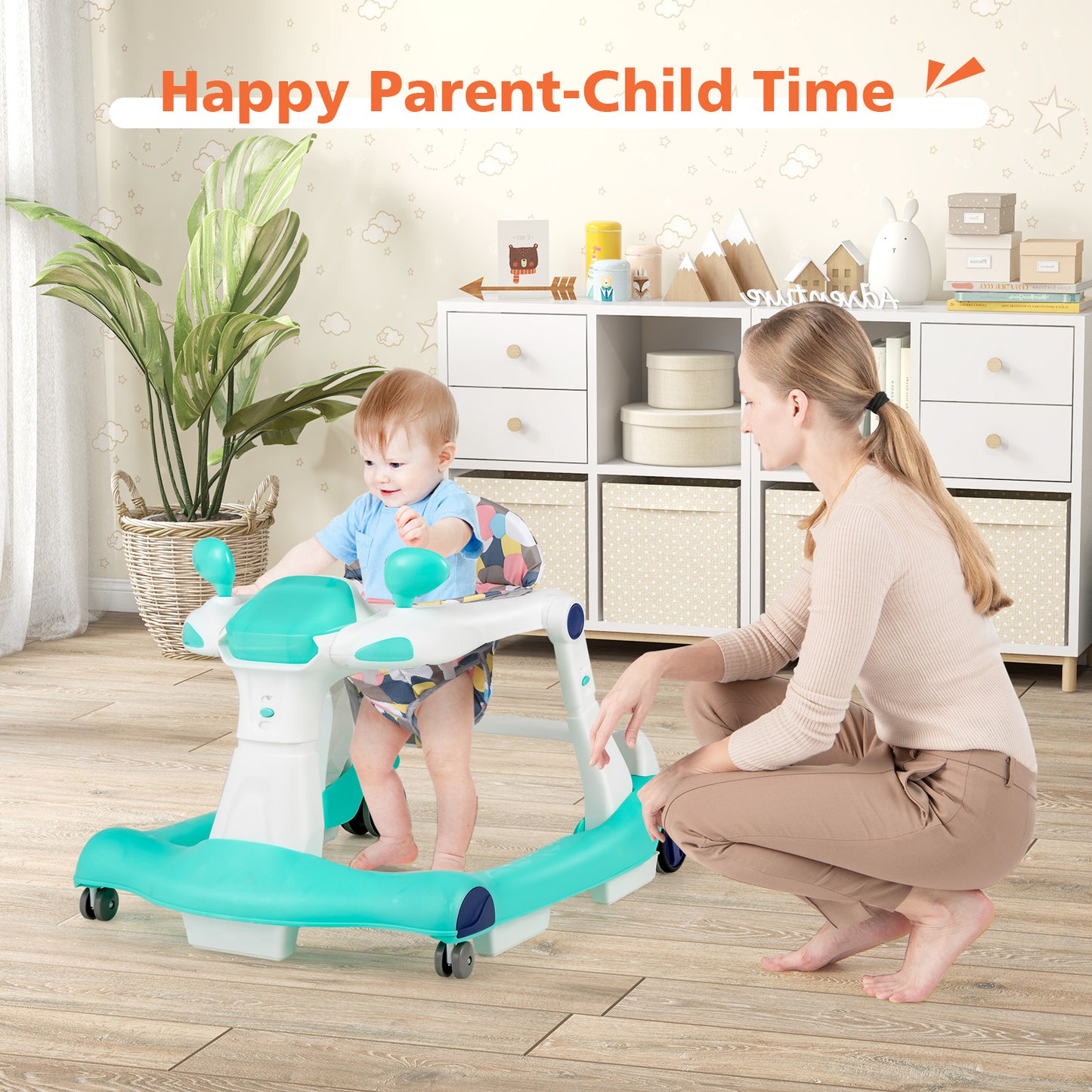 2-in-1 Foldable Baby Walker with Adjustable Height and Speed-Green
