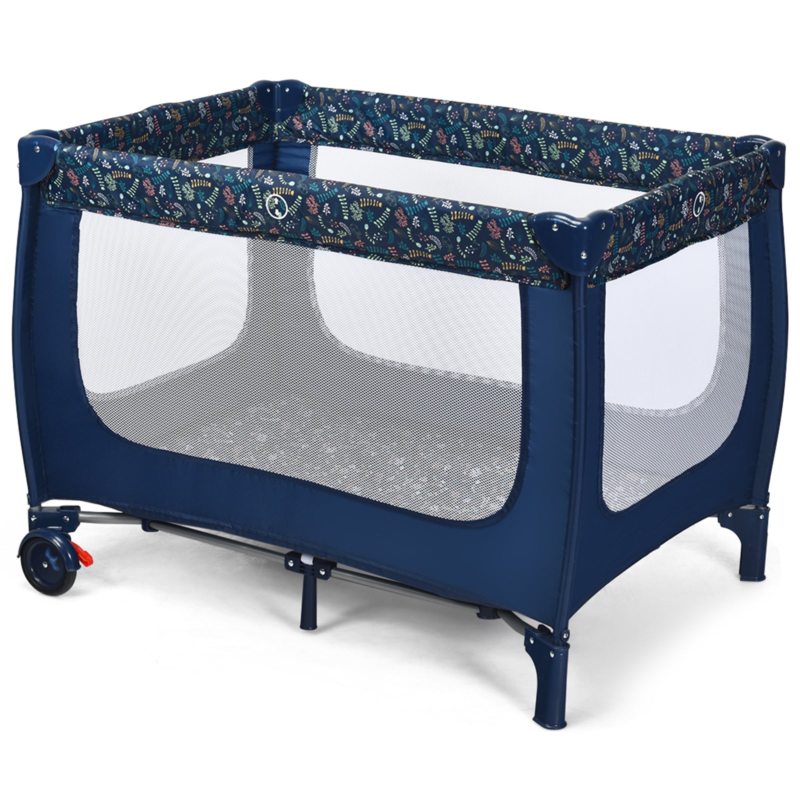 2-in-1 Foldable Baby Playpen with Lockable Wheels and Mattress-Blue