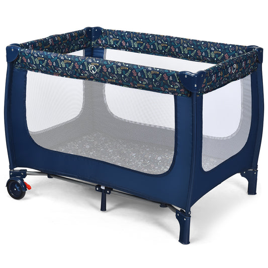 2-in-1 Foldable Baby Playpen with Lockable Wheels and Mattress-Blue