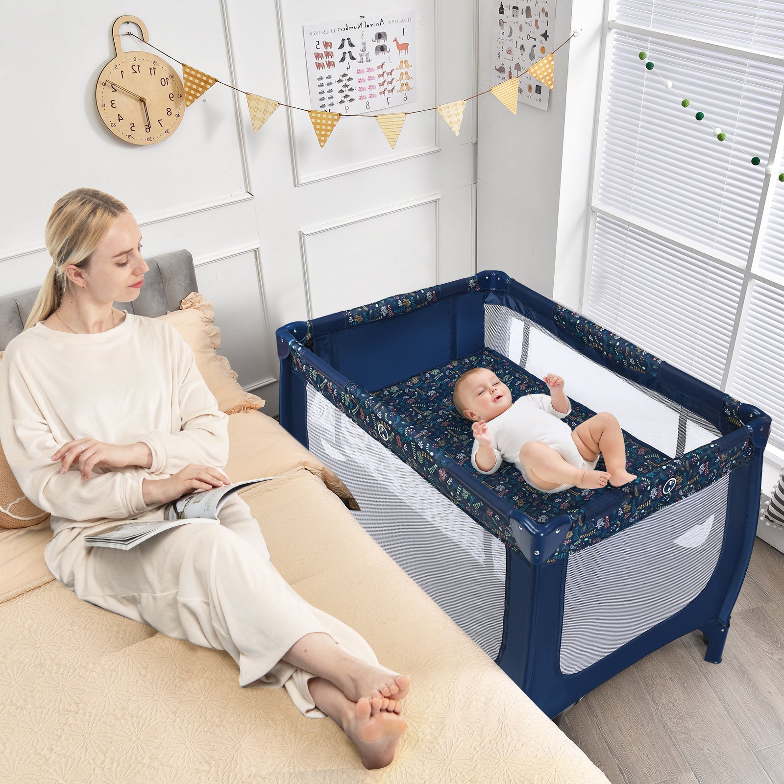 2-in-1 Foldable Baby Playpen with Lockable Wheels and Mattress-Blue