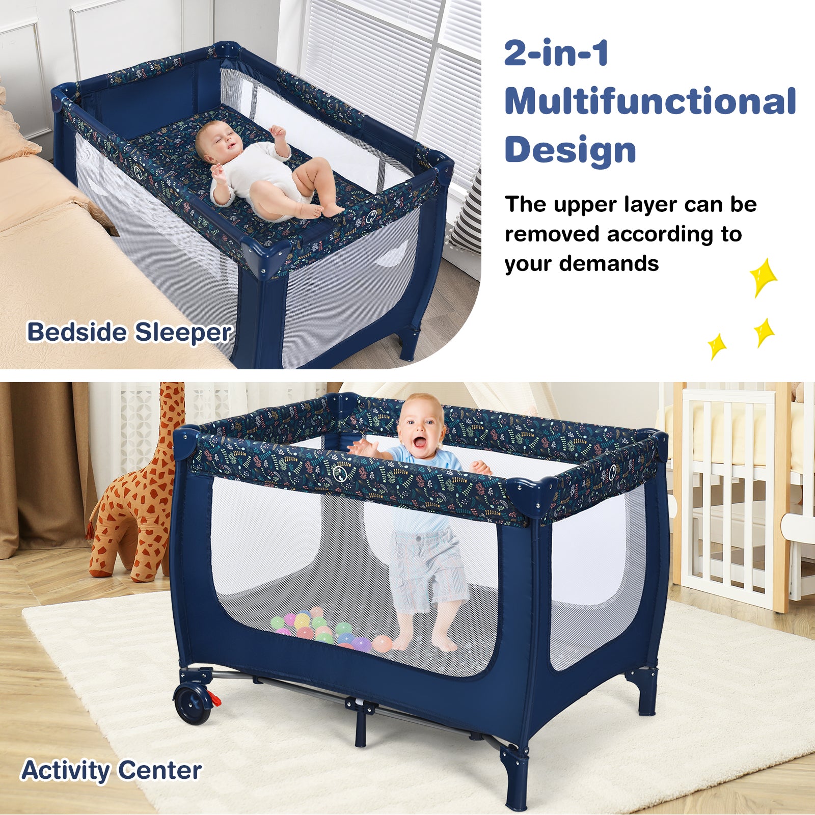 2-in-1 Foldable Baby Playpen with Lockable Wheels and Mattress-Blue
