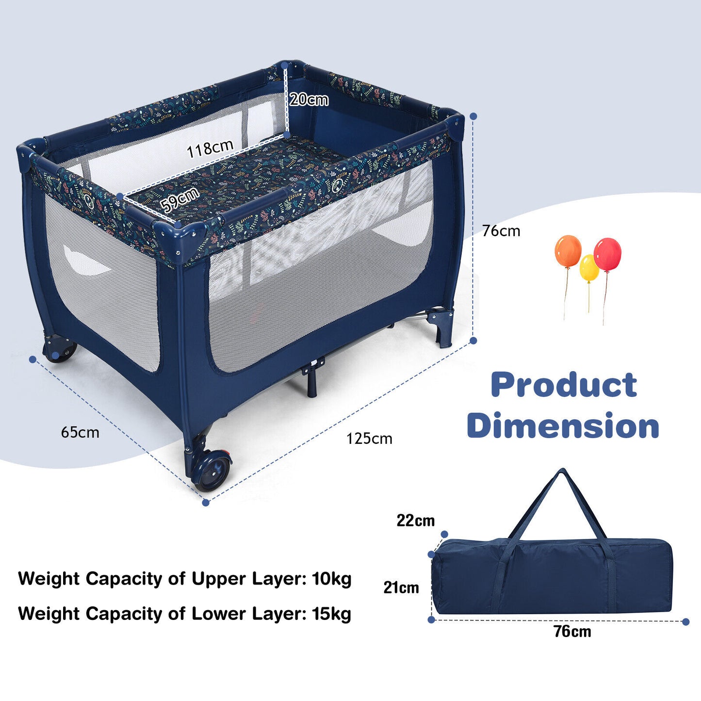 2-in-1 Foldable Baby Playpen with Lockable Wheels and Mattress-Blue