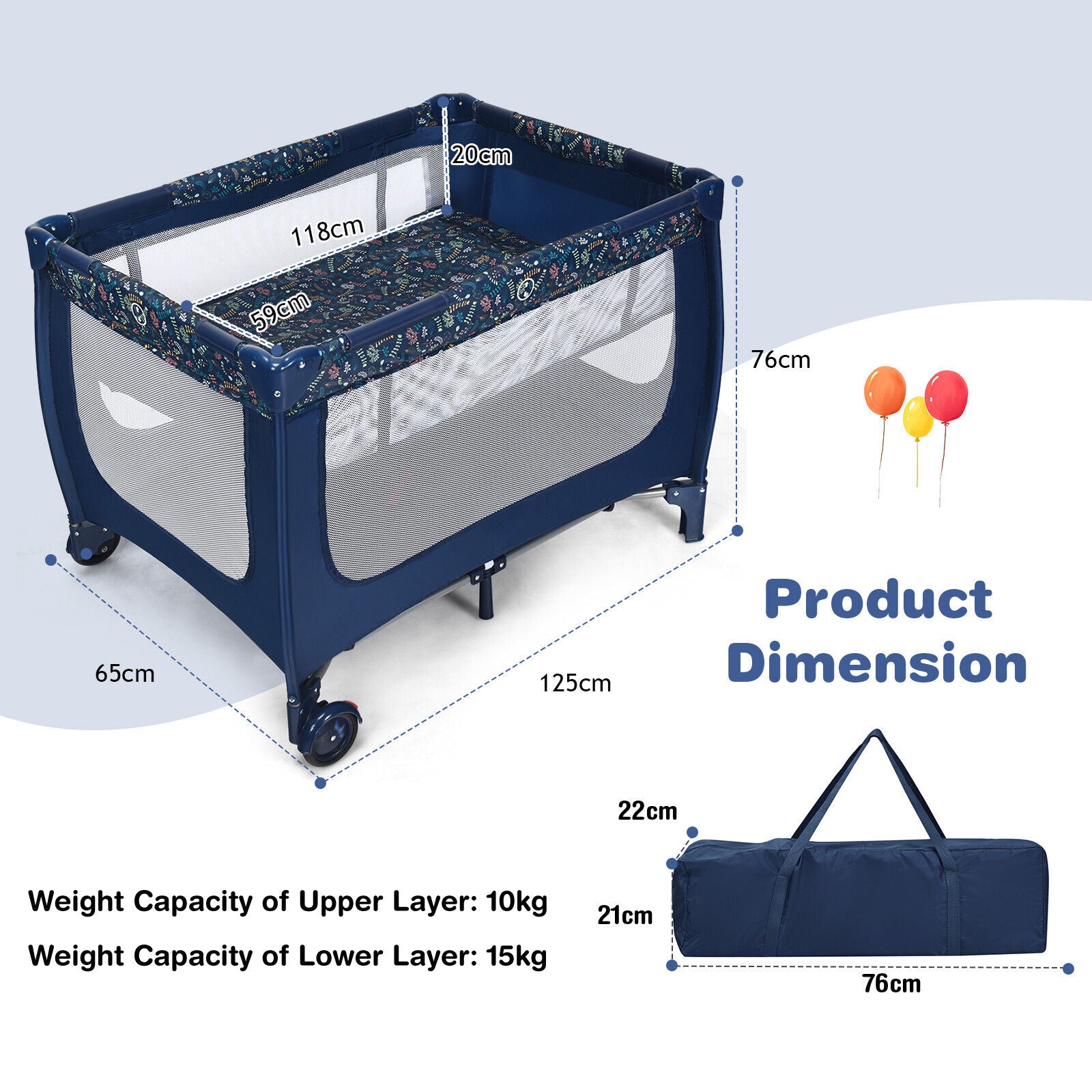 2-in-1 Foldable Baby Playpen with Lockable Wheels and Mattress-Blue