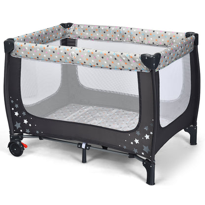2-in-1 Foldable Baby Playpen with Lockable Wheels and Mattress-Grey