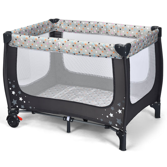 2-in-1 Foldable Baby Playpen with Lockable Wheels and Mattress-Grey
