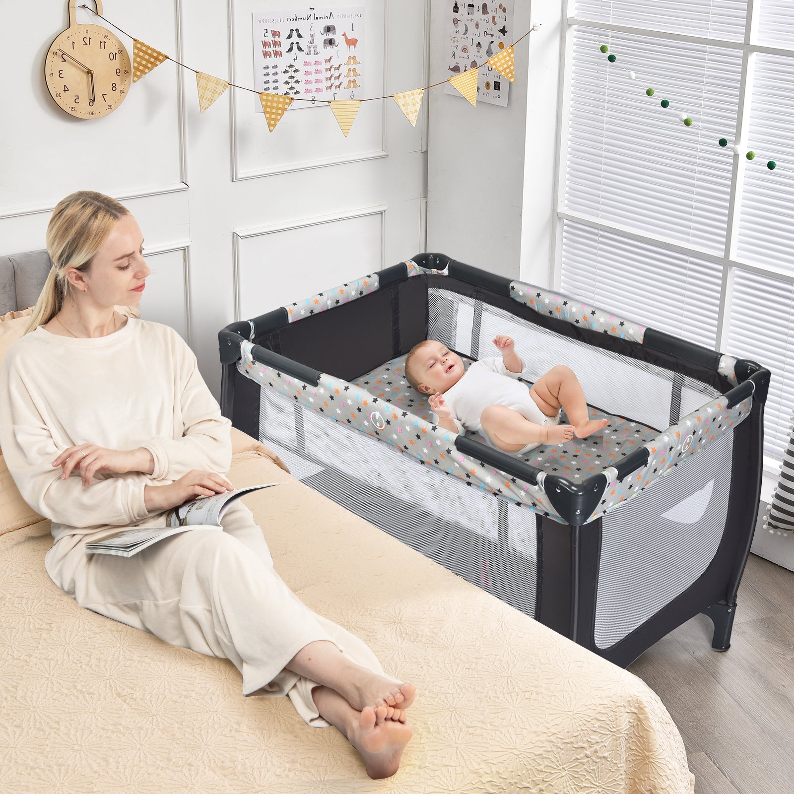 2-in-1 Foldable Baby Playpen with Lockable Wheels and Mattress-Grey