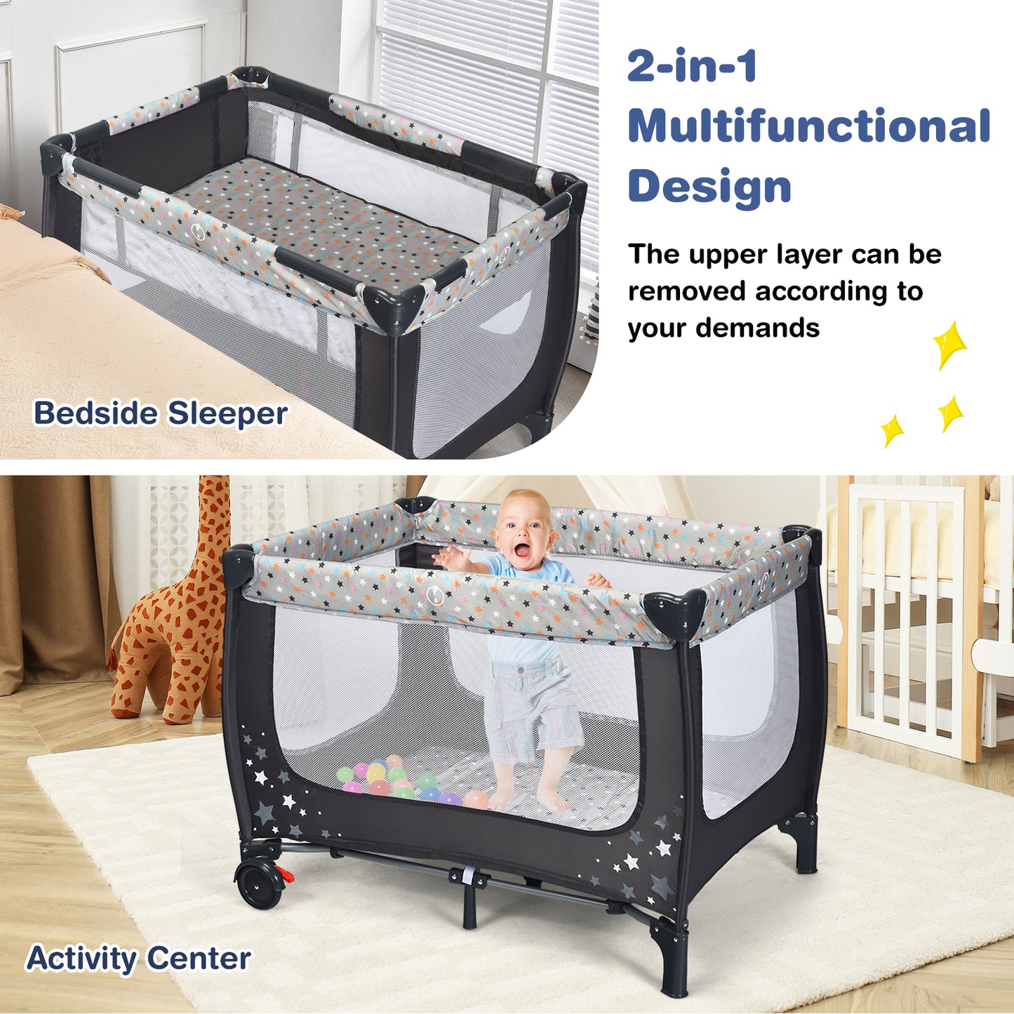 2-in-1 Foldable Baby Playpen with Lockable Wheels and Mattress-Grey