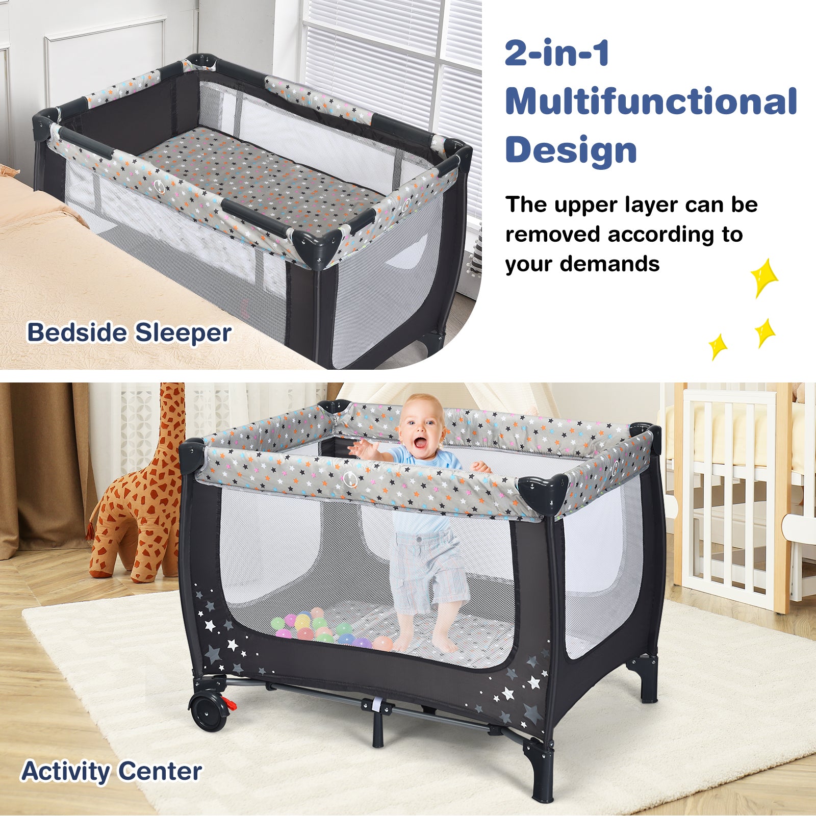 2-in-1 Foldable Baby Playpen with Lockable Wheels and Mattress-Grey