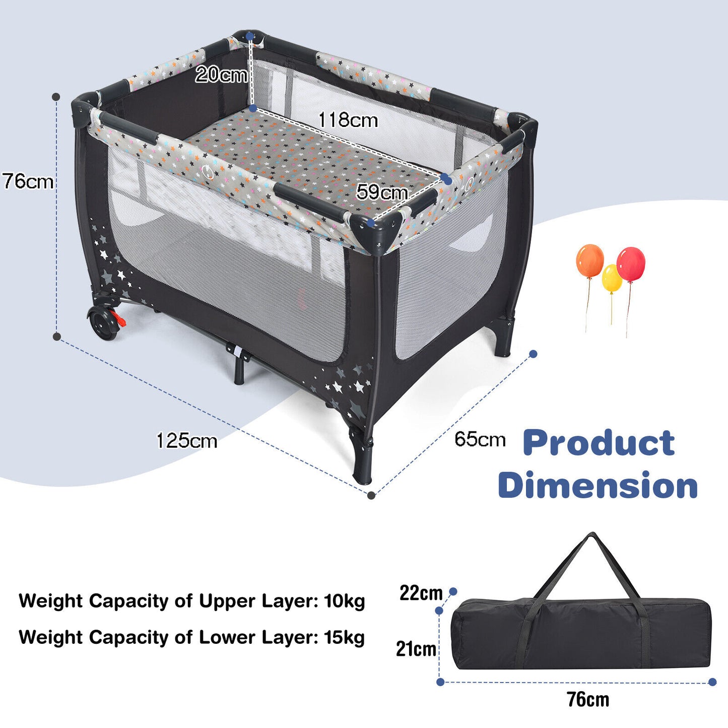 2-in-1 Foldable Baby Playpen with Lockable Wheels and Mattress-Grey
