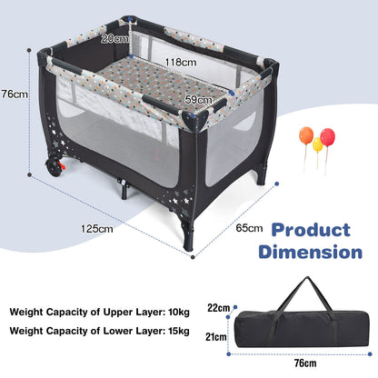 2-in-1 Foldable Baby Playpen with Lockable Wheels and Mattress-Grey
