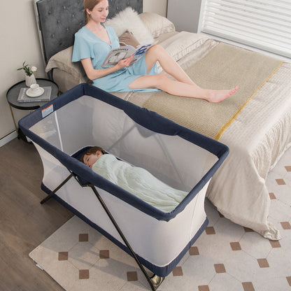 Portable Baby Travel Crib with Removable Mattress and Washable Cover-Navy