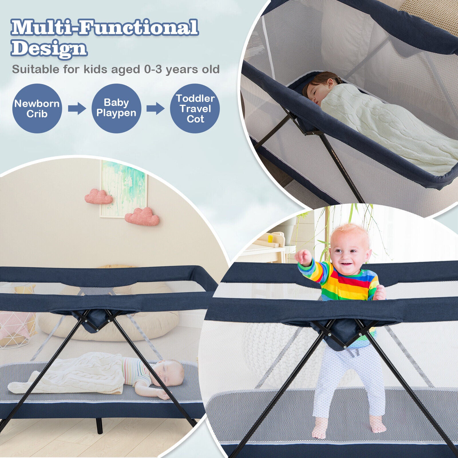 Portable Baby Travel Crib with Removable Mattress and Washable Cover-Navy