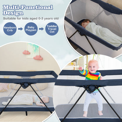 Portable Baby Travel Crib with Removable Mattress and Washable Cover-Navy