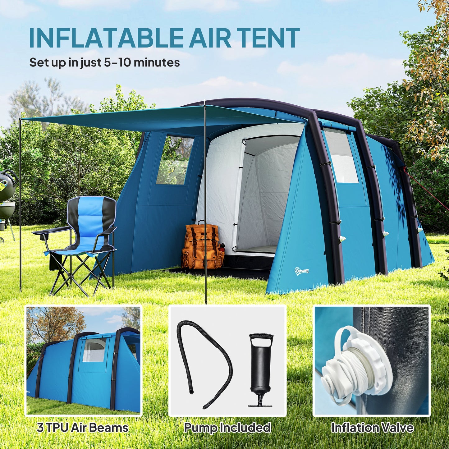 Outsunny Inflatable 3-4 Man Tunnel Tent w/ Air Pump, Living Area & Vestibule, Waterproof Family Camping Air Tent w/ Sewn In Groundsheet & Removable Footprint for Camping, Hiking, Blue